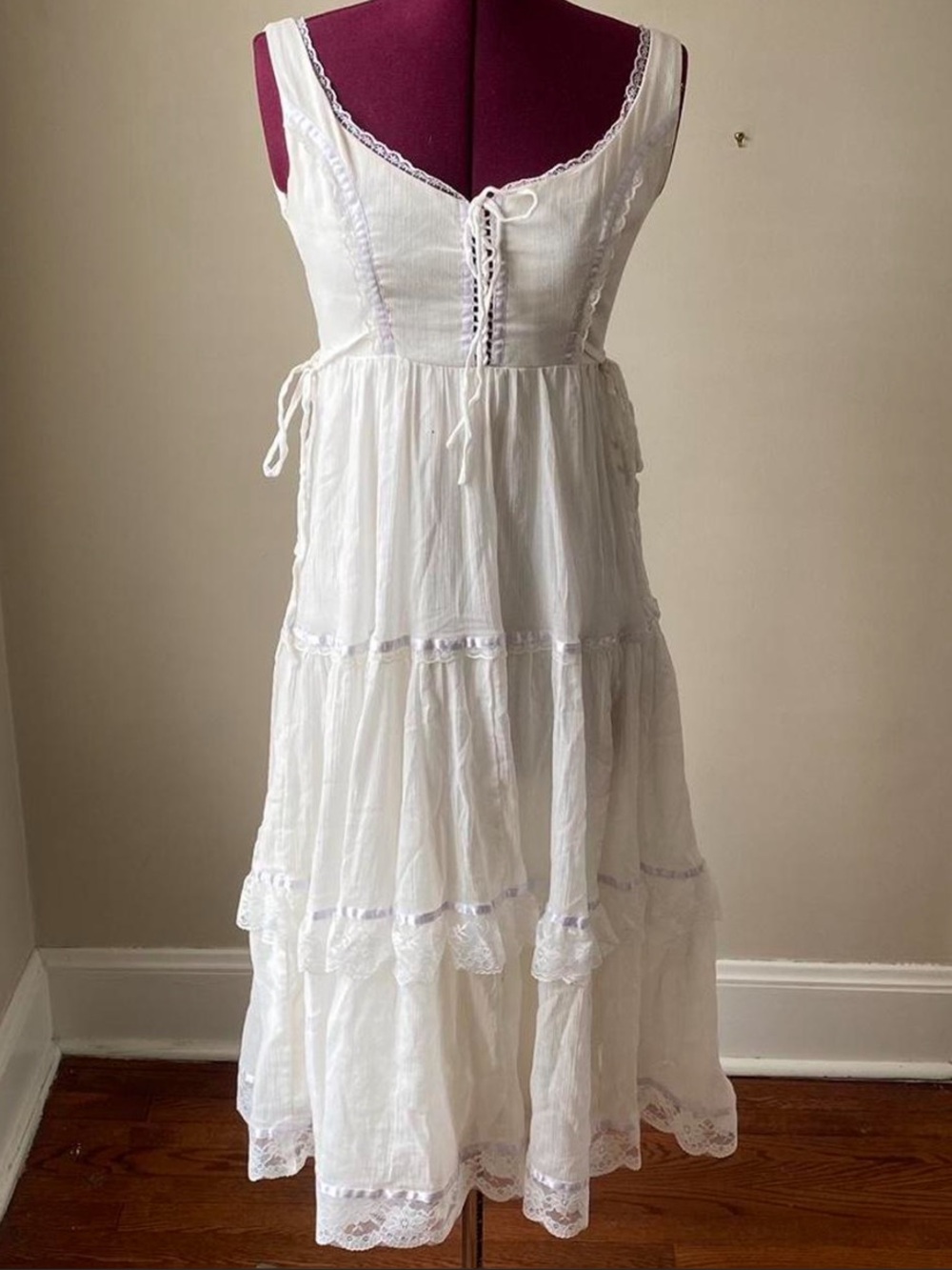 UNIF White Tiered Lace-Trim Maxi Dress